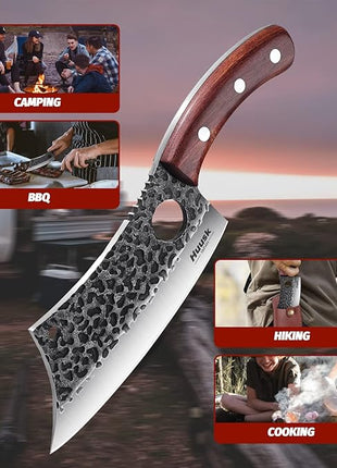 Huusk Meat Cleaver Knife, Hand Forged Butcher Knife for Meat Cutting, Full Tang Viking Knives with Sheath, Japanese Chef Knives for Outdoor Cooking, Camping, BBQ, Christmas Gift for Man and Women