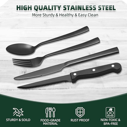 72-Piece Stainless Steel Black Silverware Set - CEKEE Flatware Kitchen Utensils Set, Cutlery Set for Home & Restaurant, Premium Knife Fork Spoon Set with Steak Knives, Heavy Duty & Dishwasher Safe