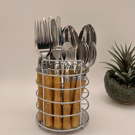 The Original Brink House Beyond Bamboo Stainless Steel Cutlery Set with Naturalistic Bamboo Handles / 16 pieces with Metal Stand, Lifestyle utensils set for home, first apartment, dorm, outdoor events