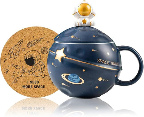 Kawaii Astronaut Cup Space Embossed Planet Mug, Cute Ceramic Coffee Mug, Novelty Mug with Lid and Spoon for Coffee, Tea, Milk, Aesthetic Room Decor Funny Gift for Girl Boy Women (Dark blue)