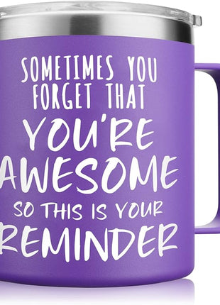 NOWWISH Inspirational 14oz Purple Mug with Handle, Sometimes You Forget You're Awesome Stocking Stuffer for Women, Unique Christmas Birthday Gifts for Her, Mom, Daughter, Wife