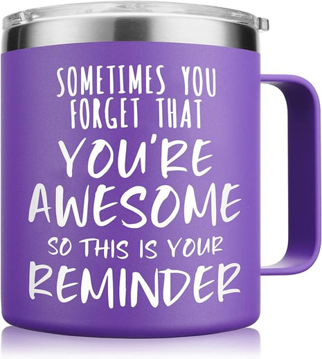 NOWWISH Inspirational 14oz Purple Mug with Handle, Sometimes You Forget You're Awesome Stocking Stuffer for Women, Unique Christmas Birthday Gifts for Her, Mom, Daughter, Wife