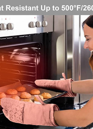 KEGOUU Oven Mitts and Pot Holders 6pcs Set, Kitchen Oven Glove High Heat Resistant 500 Degree Extra Long Oven Mitts and Potholder with Non-Slip Silicone Surface for Cooking (Pink)