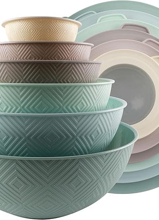 COOK WITH COLOR Mixing Bowls with Lids - 12 Piece Plastic Nesting Bowls Set includes 6 Prep Bowls and 6 Lids, Rhombus Design - Microwave Safe (Mint)