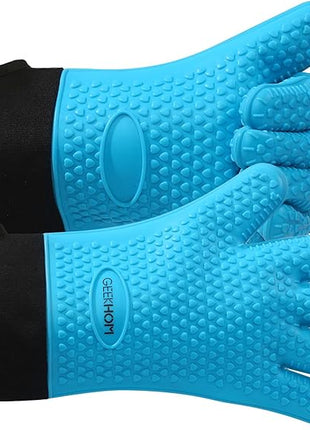 GEEKHOM BBQ Gloves Heat Resistant Oven Mitts - Silicone Grilling Gloves with 14" Long Arm Protection - Waterproof Pot Holder Non-Slip for Men & Women, Kitchen Cooking, Baking, Camping, Blue