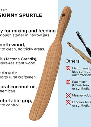 FAAY Handmade Teak Spurtle for Sourdough Starter – Wooden Stirring Stick & Mixing Tool for Deep Jars | Nonstick-Safe, Finished with Coconut Cooking Oil, Crafted in Thailand