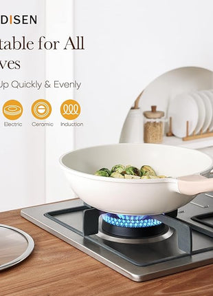 Kordisen Nonstick Wok with Lid, 12 Inch Woks & Stir-fry Pans, Healthy Coating Induction Cookware, Compatible with All Stovetops, PFOA Free (Cream White)