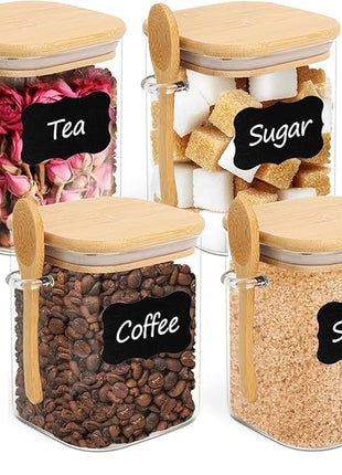 ComSaf 0.8 Qt Glass Jars with Bamboo Lids & Spoons Set of 4, Square Glass Containers with Lids, Sugar Coffee Containers Salt Spice Jars, Pantry Storage Container for Loose Tea, Candy, Brown Sugar, Nut