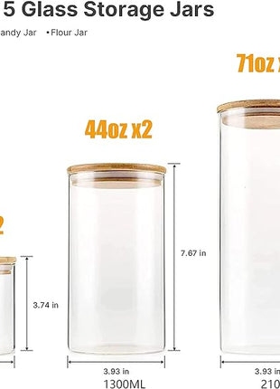 YUNCANG Glass Storage Jars [Set of 5],Clear Glass Food Storage Containers with Airtight Bamboo Lid Stackable Kitchen Canisters for Candy,Cookie,Rice,Sugar,Flour,Pasta,Nuts and Spice Jars