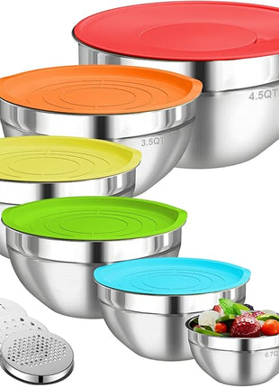 Mixing Bowls with Lids Set, 6 PCS Stainless Steel Mixing Bowls with 3 Grater Attachments, Kitchen Food Organizers Nesting Mixing Bowl, Large Size 4.5, 3.5, 2.1, 1.5, 1.1, 0.7QT-Colorful