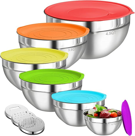 Mixing Bowls with Lids Set, 6 PCS Stainless Steel Mixing Bowls with 3 Grater Attachments, Kitchen Food Organizers Nesting Mixing Bowl, Large Size 4.5, 3.5, 2.1, 1.5, 1.1, 0.7QT-Colorful