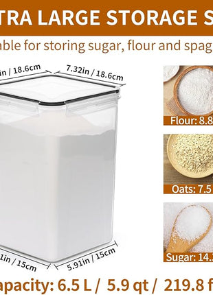 4 Pack Extra Large Airtight Food Storage Containers with Lids (6.5L / 220 oz), BPA Free Plastic Kitchen and Pantry Organization Contianers for Cereal Flour and Sugar Storage, Labels & Marker