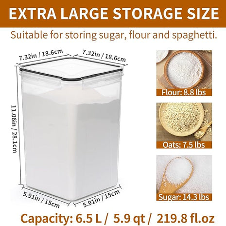 4 Pack Extra Large Airtight Food Storage Containers with Lids (6.5L / 220 oz), BPA Free Plastic Kitchen and Pantry Organization Contianers for Cereal Flour and Sugar Storage, Labels & Marker
