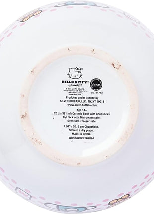 Silver Buffalo Sanrio Hello Kitty Pink Polka Dot Teddy and Strawberry Milk Ceramic Ramen Noodle Rice Bowl with Chopsticks and Spoon, Microwave Safe, 20 Ounces