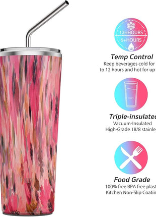 THILY Vacuum Insulated Stainless Steel Tumbler Travel Mug 26 oz Coffee Cup with 2 Lids and Straws, Splash Proof, Reusable, Keep Iced Drinks Cold, Watercolor Flower