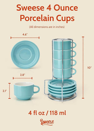 Sweese 4 Ounce Porcelain Stackable Espresso Cups with Saucers and Metal Stand Set of 4, Turquoise