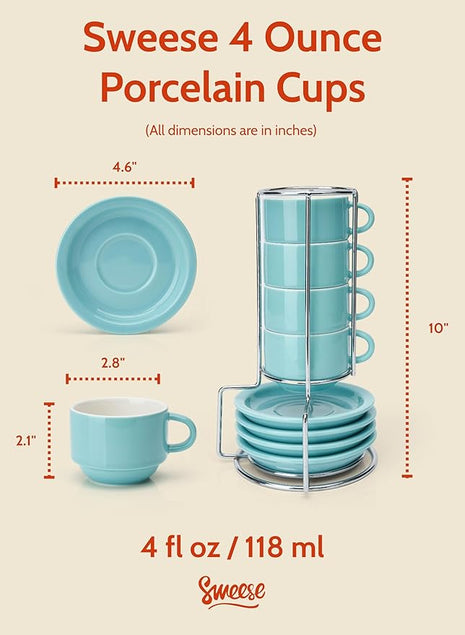 Sweese 4 Ounce Porcelain Stackable Espresso Cups with Saucers and Metal Stand Set of 4, Turquoise