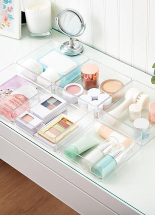 STORi SimpleSort 6-Piece Stackable Clear Drawer Organizer Set | 6" x 6" x 2" Square Trays | Small Makeup Vanity Storage Bins and Office Desk Drawer Dividers | Made in USA