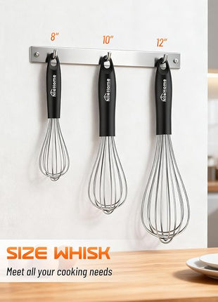 NileHome Silicone Whisk Set 8" 10" 12", 3 Pack Kitchen Whisk Kitchen Wisk Wire Whisks for Cooking, Whisking, Blending, Beating, Stirring-Black Silver