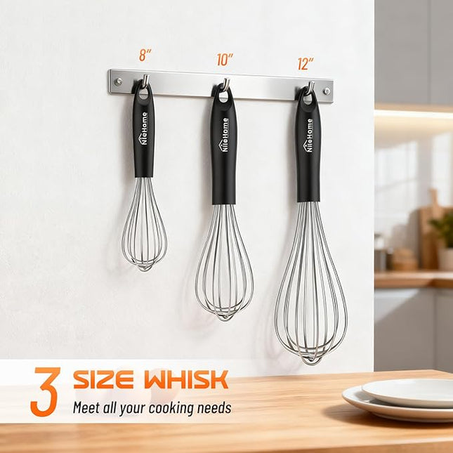 NileHome Silicone Whisk Set 8" 10" 12", 3 Pack Kitchen Whisk Kitchen Wisk Wire Whisks for Cooking, Whisking, Blending, Beating, Stirring-Black Silver