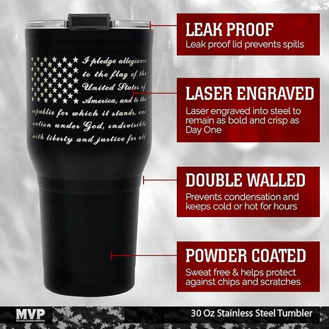 Military Gift Shop Pledge of Allegiance 30 oz Coffee Travel Mug | Double Wall Vacuum Insulated American Flag Coffee Tumbler | Stainless Steel - Pledge 30oz Tumbler