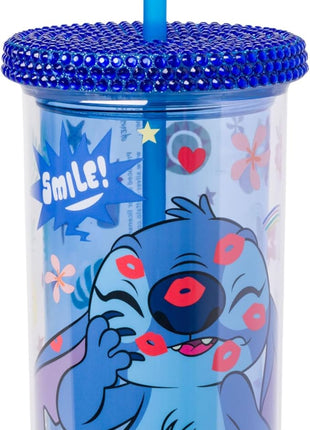 Silver Buffalo Lilo and Stitch Smiles Kisses and Icons Rhinestone Lid 20oz Plastic Tall Cold Cup w/Lid and Straw