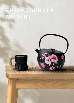 Toptier Teapot with Removable Infuser, Cast Iron Tea Kettle Stovetop Safe, Solid Geometry Ball Design Tea Pot Coated with Enameled Interior for 32 Ounce (950 ml), Morning Glory