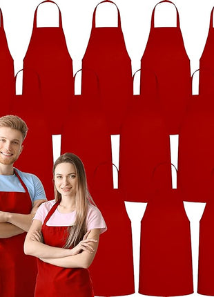 GREEN LIFESTYLE 12 Pack Bib Apron - Unisex Red Aprons, Machine Washable Aprons for Men and Women, Kitchen Cooking BBQ Aprons Bulk (Pack of 12, No Pockets, Red)