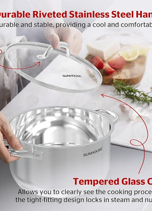 SUNHOUSE 13-Quart Stainless Steel Stockpot w/Tempered Glass Lid - Heavy-Duty, Food-Grade Cookware for Simmering, Boiling, and Induction Cooking - Exceptional Heat Distribution