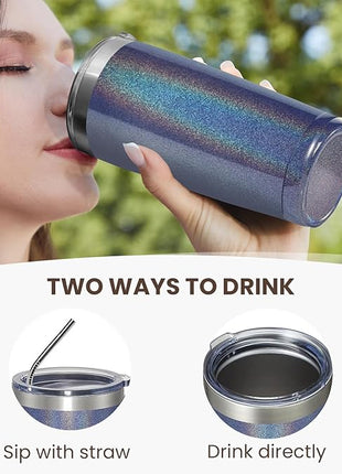 MEWAY 20oz Tumbler 12 Pack Double Wall Vacuum Insulated Travel Glitter Mug Bulk, Stainless Steel Tumblers with Lid and Straw, Powder Coated Coffee Cups for Woman(Rainbow Navy,Set of 12)
