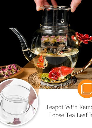 Enamel Glass Flower Tea Pot With Removable Loose Tea Leaf Infuser Tea Maker Teapot Set 30.4OZ Gifts for Women,Mom,Birthday