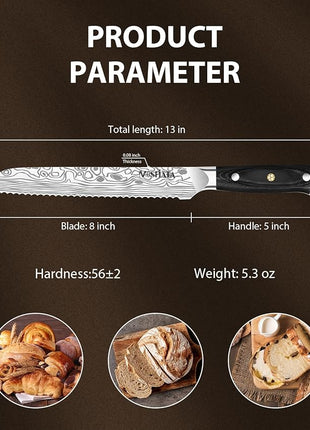 MOSFiATA Bread Knife 8” Ultra Sharp Serrated Knife, German High Carbon Stainless Steel EN1.4116 Bread Slicer with Bread Lame, Micarta Handle, For Bread, Cake, Bagels