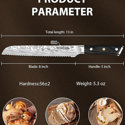 MOSFiATA Bread Knife 8” Ultra Sharp Serrated Knife, German High Carbon Stainless Steel EN1.4116 Bread Slicer with Bread Lame, Micarta Handle, For Bread, Cake, Bagels