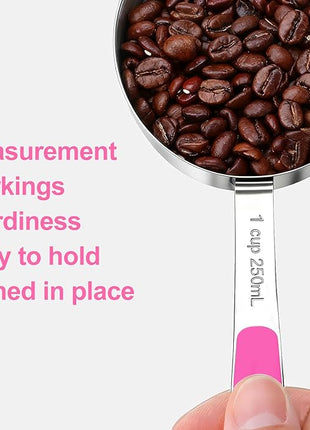 Measuring Cups and Spoons Set Stainless Steel 10 Piece for Cooking and Baking (5 Cups + 5 Spoons, Pink Handle)