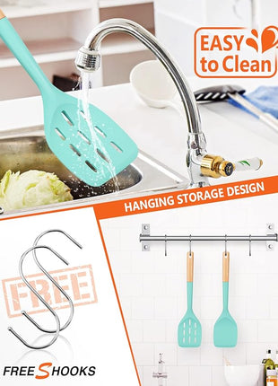 Pack of 2 Silicone Spatula, Non Stick Cooking Utensil Set Stainless Steel Handle Kitchen Turner for Baking Mixing Grilling Serving Food Heat Resistant Non Scratch Hooks Included (Green)