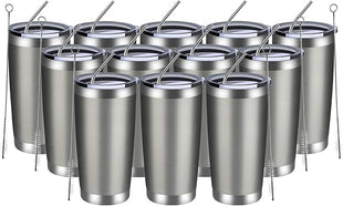 MEWAY 20oz Tumbler 12 Pack Double Wall Vacuum Insulated Travel Mug Bulk, Stainless Steel Tumblers with Lid and Straw, Durable Powder Coated Coffee Cups for Cold & Hot Drinks (Cold Gray, 12)