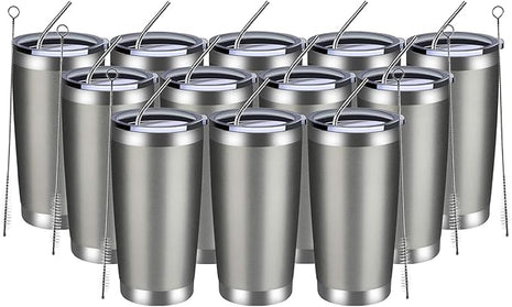 MEWAY 20oz Tumbler 12 Pack Double Wall Vacuum Insulated Travel Mug Bulk, Stainless Steel Tumblers with Lid and Straw, Durable Powder Coated Coffee Cups for Cold & Hot Drinks (Cold Gray, 12)
