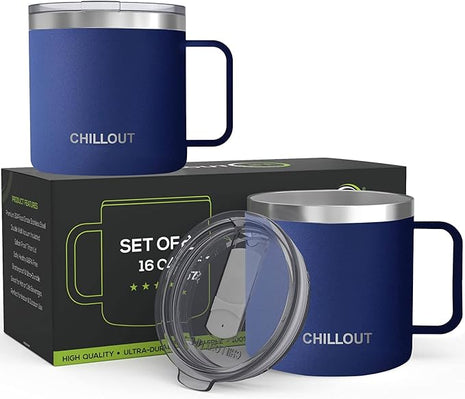 CHILLOUT LIFE 16 oz (Set of 2) Stainless Steel Vacuum Insulated Coffee Mug with Handle and Lid, Large Thermal Camping Coffee Mugs with Sliding Lid for Men & Women
