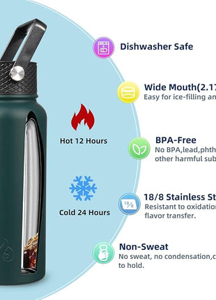 BJPKPK Insulated Water Bottles with Straw Lid, 32oz Metal Large Water Bottle with 3 Lids, Reusable Leak Proof BPA Free Thermo, Stainless Steel Tumblers for Sports, Gym, Travel-Army Green