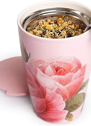 Tea Forte Double-Walled Ceramic Kati Cup, Removable Stainless Steel Infuser Basket and Lid, Steeps 12 oz Loose Leaf Tea, Dishwasher & Microwave Safe, Jardin