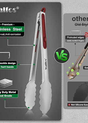 Walfos Stainless Steel Kitchen Tongs - 7, 9 & 12 Inch Heavy Duty Locking Metal Tongs for Cooking, BBQ Grilling, Set of 3 Non-Slip Grip (Wine Red)