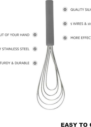 Flat Whisk Silicone Handle Non Slip 10" - 5 Wires Whisk with 10 Heads for Kitchen Cooking by Jell-Cell (Grey)