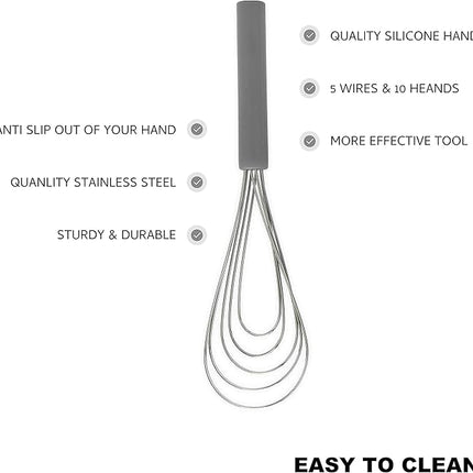 Flat Whisk Silicone Handle Non Slip 10" - 5 Wires Whisk with 10 Heads for Kitchen Cooking by Jell-Cell (Grey)