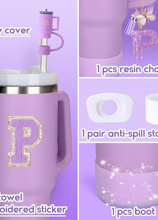 Mity rain 6PCS Cup Accessories Set for Stanley Cup 30oz 40oz tumbler with handle, Including Silicone Straw Topper Cover Cap and Boot, Spill Proof Stopper, Handle Charm, Initials Sticker (Letter P)