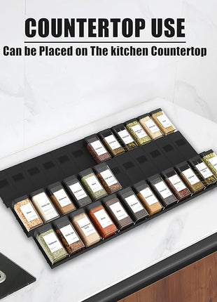 Famhap Spice Drawer Organizer 24 Pcs with 24 Plastic Spice Jars and Labels，Interlocking Expandable Seasoning Rack Tray Insert for Kitchen Drawers, Spice Rack Drawer