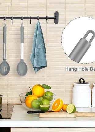 Pack of 2 Large Silicone Cooking Spoons, Non-Stick Stainless Steel Slotted and Solid Spoon Set for Serving, Mixing, Draining, Heat Resistant, Scratch Resistant and BPA Free Kitchen Scoops (Grey)