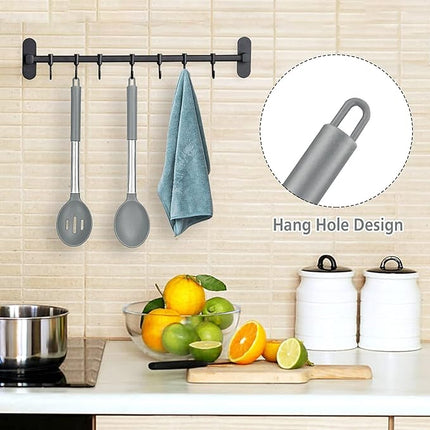 Pack of 2 Large Silicone Cooking Spoons, Non-Stick Stainless Steel Slotted and Solid Spoon Set for Serving, Mixing, Draining, Heat Resistant, Scratch Resistant and BPA Free Kitchen Scoops (Grey)