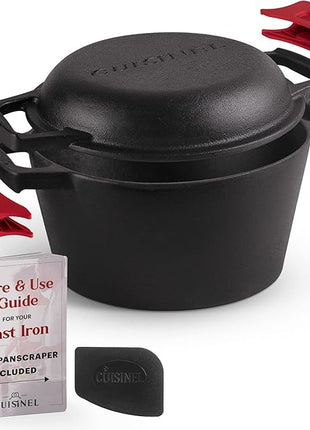 Cuisinel Cast Iron Dutch Oven - 3-Quart Deep Pot - Pre-Seasoned 2-in-1 Multi-Cooker - Combo Lid Doubles as 8"-inch Skillet Frying Pan + Silicone Handle Covers + Scraper - Use for Baking Bread