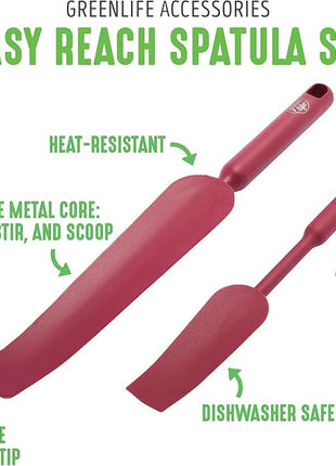 GreenLife Cooking Tools and Utensils, Easy Reach Silicone Spatula Set for Baking Mixing and Stirring, Heat and Stain Resistant, Dishwasher Safe, Red