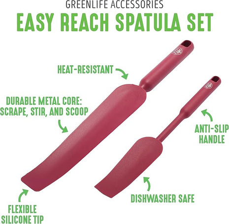 GreenLife Cooking Tools and Utensils, Easy Reach Silicone Spatula Set for Baking Mixing and Stirring, Heat and Stain Resistant, Dishwasher Safe, Red